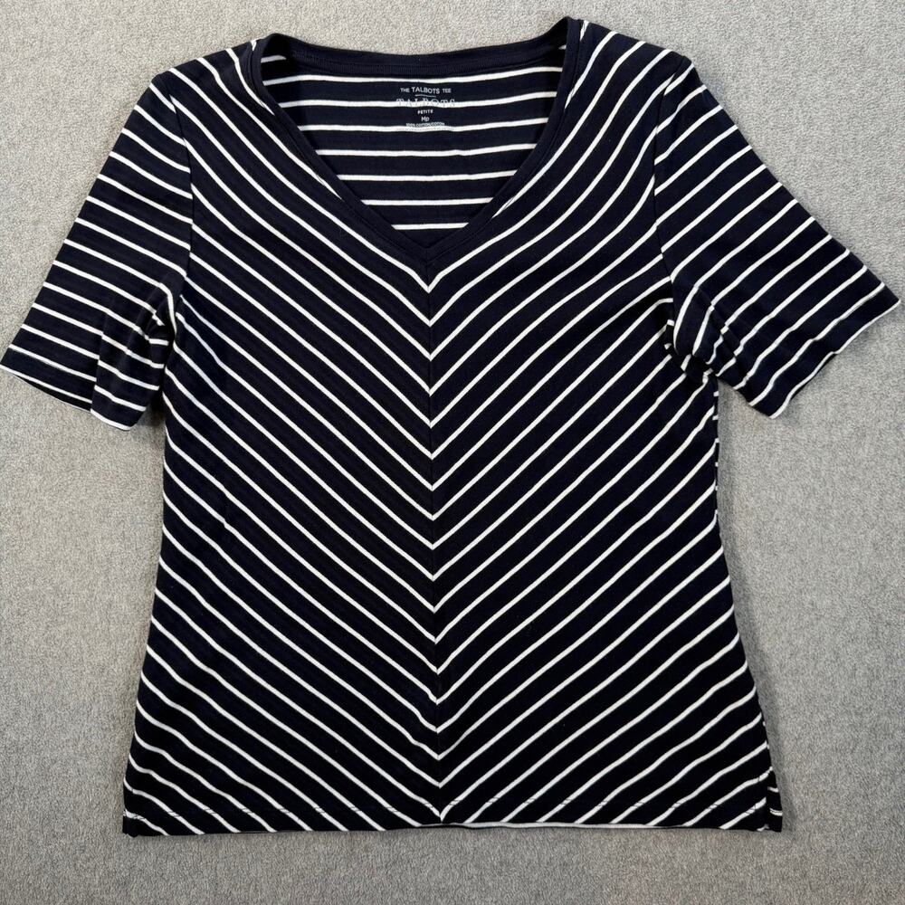 Talbots Women's Petite MP Navy White Striped Tee Shirt V-Neck Short Sleeve